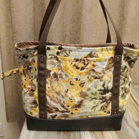 New Canvas Floral Tote Shopper shoulder Bag Yellow Brown Double handle Carryall - Picture 4 of 8